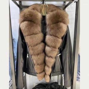 Women's Leather Natural Lambskin Long Sleeves Jacket For Women Sheepskin Fur Collar Coat H925