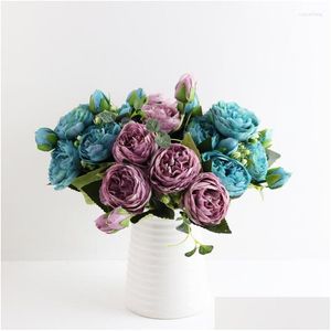 Dekoracyjne kwiaty wieńce 30cm różowy jedwabny jedwabnik sztuczny bukiet 5 Wielka głowa i 4 pąki fałszywe do dekoracji domowej kropli deli dhfmd