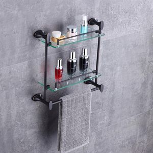 Wall Mounted Oil Rubbed Bronze Glass Bath Shelf Double Lever Towel Bar Towel Shelf Storage192w