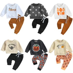 Set di abbigliamento 2023 Neonato Bambino Bambini Neonate 2 pezzi Abiti Halloween Scheletro Zucca Stampa Maniche lunghe Felpe Pantaloni 231007