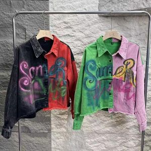 Kadın Ceketleri Bahar Sonbahar Mektupları Graffitis Kontrast Renk Eklenmiş Uzun Kollu Denim Gömlekleri Ceket Yatak Yırtık Kot Ceket