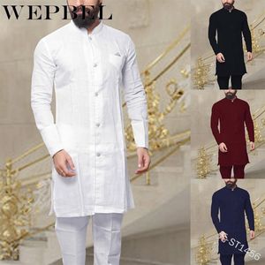 WEPBEL Muslim Fashion Men's Kaftan Robes Vintage Long Sleeve Linen Button Shirt Islamic Abaya Clothing for Men Plus Size S-5X202A