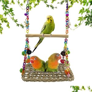 Andra husdjurstillförsel Bird Seagrass Swing Toys With Wood Parrot Trapeze Climbing Hammock Stand Tugga Toy For Lovebird Cockatiel B DHDGO