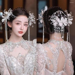 Hair Clips Luxury Crown White Crystal Tiara Handmade Headbands Beaded Long Tassel Ornament Bridal Wedding Dress Accessories