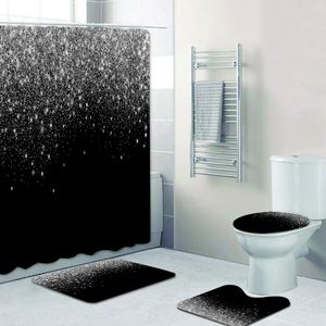 Shower Curtains Stylish Black Silver Falling Glitter Confetti Dust Explosion Bathroom Curtains Shower Curtain Set Grey Sparkling Bath Rugs Decor 231007