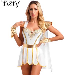 Tema Kostüm Kadın Cadılar Bayramı Antik Roman Toga Gelin Partisi Fantezi Giydirme Entegre Cape Petal Etek Bodysuit Metalik Bilek Bantları231007