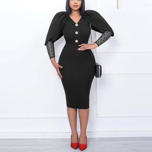 Casual Dresses Black Elegant For Office Ladies V Neck Cloak Sleeve Bodycon High Waisted Mid Calf Fashion Formal Business Work Dress