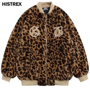 Kurtki męskie faux fur parkas men hip hop lampart print w płaszcz zimowy polar harajuku kurtki baseballowe kpop streetwear y2K ubrania 231007