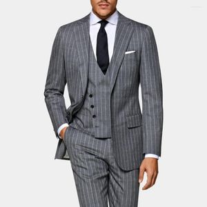 Męskie garnitury klasyczny prąż na szary garnitur na męski formalny biznes Blazer Wedding Groom Tuxedo Slim Fit 2 -Eup Kurtka Kostium Homme