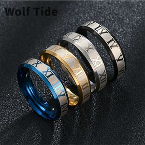 6mm 4 färger Personlighet Roman Digital Titanium Rostfritt stål Ringband Laser snidade ringsmycken fingerringar för kvinnor anillos billiga punk accessoarer gåvor