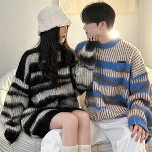 Мужские свитера, корейские женские и мужские пуловеры, свитер в полоску, вязаные оверсайз, толстые теплые пуловеры с длинными рукавами, зимние