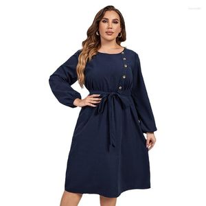 Casual Dresses Autumn Plus Size Lose Woman Navy Evening With Button Long Sleeve Pleated Swing Dress