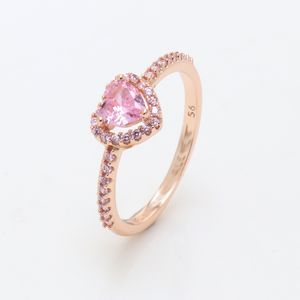 Ouro rosa pedra rosa elevado amor coração anéis caixa original conjunto para real cz diamante feminino anel de casamento