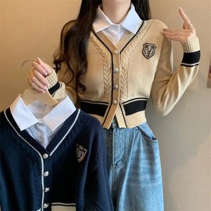 Snygg vintage koreansk skarvad tröja Cardigan Women Fake Two Pieces Långärmning Single-breasted Elegant Chic Tops Jumpers 2023