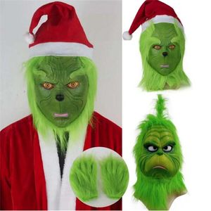 Noel Stole Geek Mass Eldivenleri Cosplay Yeşil Monster Santa Lateks Kask Şapkalar Cadılar Bayramı Karnaval Partisi Kostüm Props GC2360
