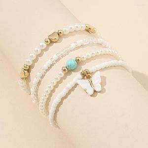 Strand 4Pcs Set White Beaded Butterfly Pendant Bracelet Elegant Imitation Pearl Adjustable For Women Turquoise Bohemia Jewelry