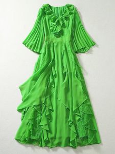 Casual Dresses Red RoosaRosee V-neck Collar 3/4 Pleated Sleeve Ruffles Green Black Chiffon Lace Dress European Autumn Winter Vestidos 2023