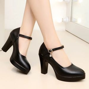 Dress Shoes High Heels Platform Pumps Mujer Spring Fashion Buckle Solid Black Woman PU Leather Waterproof Femme 231006