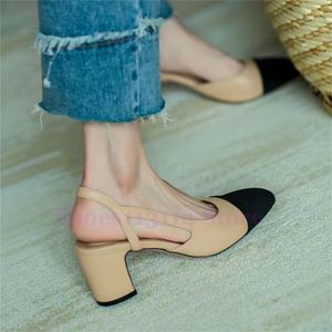 Womens Apricot Genuine Leather Slingback Sandals with Chunky Heel and Ballet Flat Design