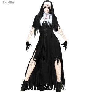 Costume a tema Halloween Come for Women Nun Come Cosplay Comes Vampire Demon Come Cross Stampa Abito lungo Party Come S-XL L231007