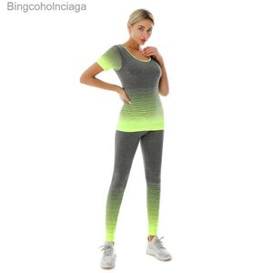 Active Set Women 2sts sömlös fitness yogasträkt utan bröstkudde gym sportkläder set stickade gradientkläder kostymer gratis sizel231007