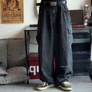 Herr jeans baggy byxor manliga denim byxor svart bred ben pant lösa casual koreanska streetwear hip hop pocket311n