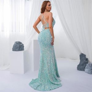 Party Dresses Luxury Mint Sequin Slip Lace Up Long Cocktail Dress Backless Hollow Out Velvet V Neck Ball Gown Celebrity Women Summ281Y