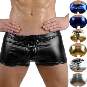 Masculino sexo erótico couro do plutônio com tiras boxer lingerie shorts molhados pvc látex clube patente roupa interior masculino boxers265s