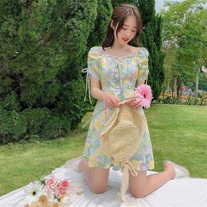 Casual Dresses Women Sweet Cute Dress Korean Style Fashion High Waist Lace Up Temperament Square Collar Floral Printed Summer2718