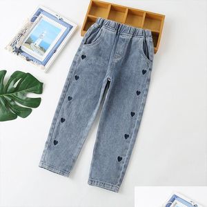 Jeans Jeans Spring and Autumn Kids Girls Korean Casual Heart Brodery Grey Blue Straight Pants 110-160 Barn denim 2021 Baby, Ki Dhtsk