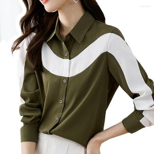 Blusas femininas primavera outono blusa feminina gola polo contraste cor chiffon camisa elegante moda manga longa ol topos blusa