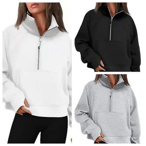 Nuovo colletto alla coreana Felpa con cappuccio da sub Felpa corta per donna Autunno e inverno Nuovo collo alto Felpa con cappuccio spessa Sport da sub Mezza zip Cappotto allentato Maniche lunghe Abbigliamento fitness da corsa