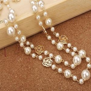 Fashion designer luxury classic style hollow roses elegant multi colors bright pearls long sweater statement necklace for woman244S