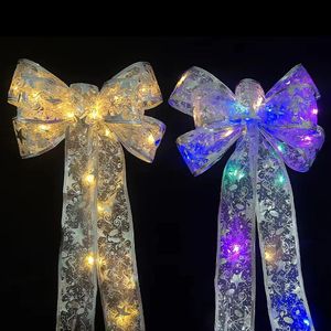 Juldekorationer Julgran Topper Bow Led Glow Xmas Ornament Glitter Satin Mesh Streamer Hanging Decorative Set for Juldekor 231006