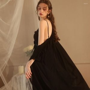 Women's Sleepwear Sexy V-neck Cute Sweet Long Robe Mesh Black Dress Sets Pijamas Lingerie Sling Nightgown Bow Intimate Bathrobe Nighty Gown