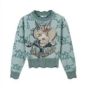 Жаккардовый вязаный свитер с кроликом, пуловер, женские стильные винтажные модные шикарные топы, осенне-зимние джемперы с круглым вырезом и длинными рукавами, трикотаж