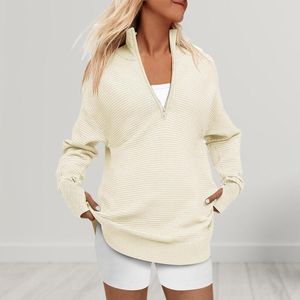 Kvinnors tröjor Kvinnor Långa ärmar Pullover Knit Böjd hemtröja Casual With Thumb Hole Trendy Fall Outwear