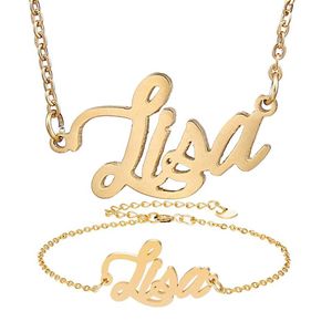 Namnplatta halsbandsarmband uppsättning för kvinnor lisa bokstav guld choker kedja namn hänge charm flicka fraded födelsedag gi2118