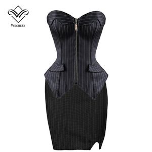 Corset Sexy Corsets and Bustiers Burlesque Black Stripe Corset with Skirt Zipper Lace Up Corsages Sexy Corselet Plus Size S-6XL234j