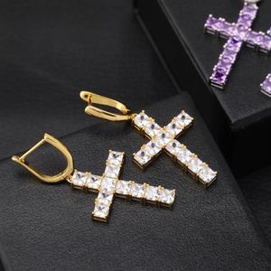 Серьги-гвоздики с крестом для мужчин и женщин, висячие обручи с CZ Iced Out Diamond, позолоченные 18-каратным крестом, дизайнерские серьги в стиле хип-хоп, ювелирные изделия293s