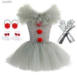 Theme Costume Gray Clown Tutu Dress for Girls Carnival Halloween Come for Kids Girl Joker Cosplay Tulle Outfit Children Party Scary ClothesL231007