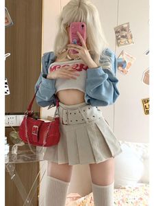 Arbetsklänningar 2023 Summer Blue Cardigan Y2K Crop Vest Denim Mini Skrit Female Korean Fashion Suits Casual Retro BodyCon 3 Piece Dress Set