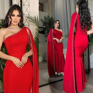 Arabski Aso Ebi Red Syrenka Blaskly Sukienki balowe Sheer szyi wieczór formalny impreza druga przyjęcie urodzinowe suknie zaręczynowe Dres