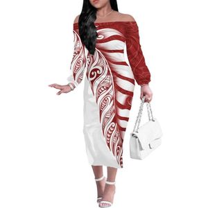 Lässige Kleider Fabrik Persönlichkeit Rot-Schwarz Party Off Schulter Kleid Benutzerdefinierte Polynesian Tribal Tattoo Muster Große Größe 4XL328h