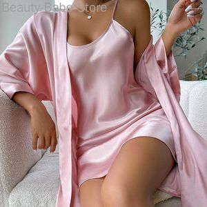 Mulheres sleepwear mulheres sexy cor sólida cetim sleep robe e vestido define casa wear lounge