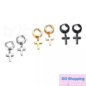 Punk Men Ear Stud Circle Round Cross Huggie Earrings for Men Small Crucifix Cuff Earing Stainless Steel Hip Hop Male Jewelry Top Quality