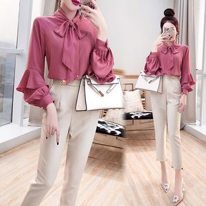 Kvinnors tvådelade byxor 2023 Spring Autumn Suits Female Solid Color Bow Shirts Tops High midje Slim Pencil Ladies Two-Piece Set E856