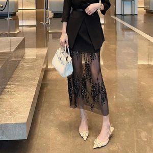 Женские брюки, черная длинная юбка в сетку в стиле пэчворк, весна/лето 2023, дизайн Sense Niche, французский стиль Хепберн, половинка с блестками для женщин