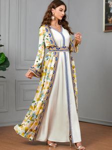 Roupas étnicas elegante abaya para mulheres vestido de musselina caftan 2 peça conjunto maxi a-line impressão festa quimono saudita árabe dubai kaftan islâmico