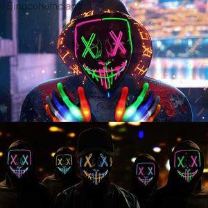 Tema Costume Halloween Led Maschera al neon con guanti luminosi Maschere per feste in maschera Cosplay Come plies Light Glow In The Dark Horror MasksL231008